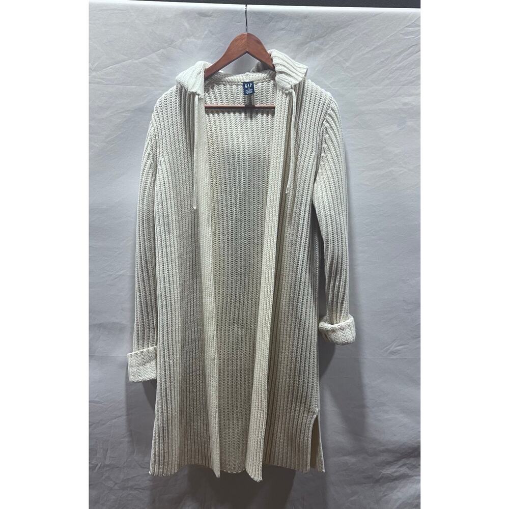 GAP Wool Blend Y2K Chunky Knit Ivory‎ Long Cardigan M Open Front Hooded Duster